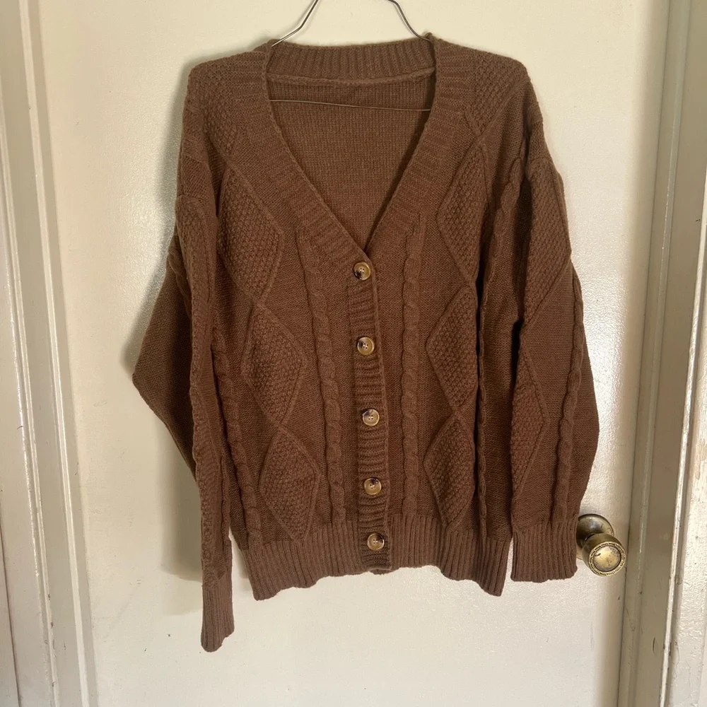 Cozy Brown Cable Knit V-Neck Button Cardigan Sweater